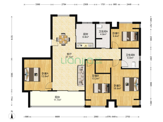 万科悦达翡翠国际 4室1厅2卫 152平方