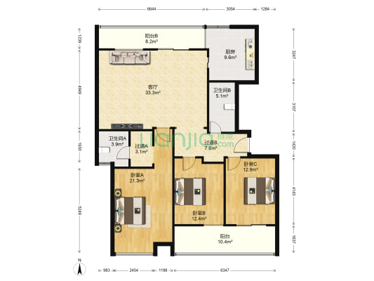 绿城慈园 3室1厅2卫 153平方
