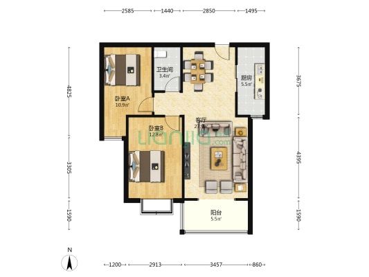 城市西景 2室1厅1卫 91平方