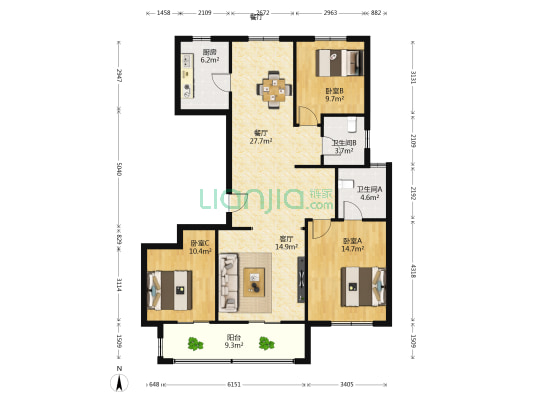 欢乐城 3室2厅2卫 144平方
