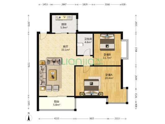 普天居贤院 2室1厅1卫 95平方