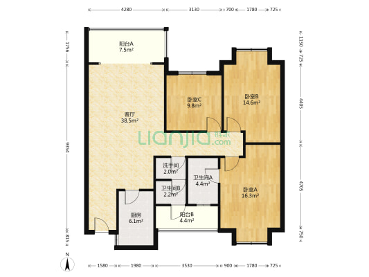 蓝天花园 3室1厅3卫 126平方