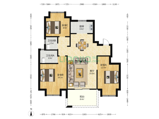 广瑞中央公馆 3室1厅2卫 105平方
