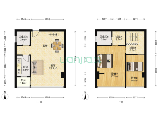 活力空间 2室1厅2卫 105平方