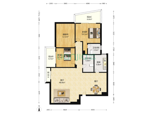 金盛大厦 2室1厅2卫 139平方