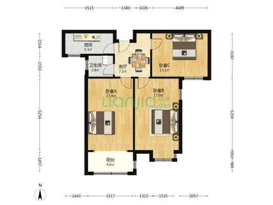 山居花园兰苑 3室1厅1卫 90平方