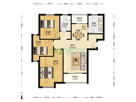 心圆西苑 3室2厅1卫 100平方