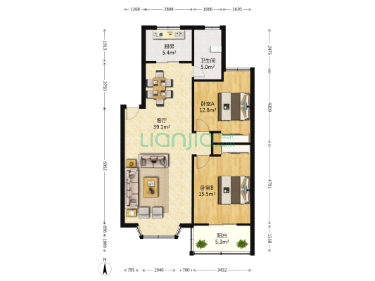 龙基花苑 2室1厅1卫 104平方