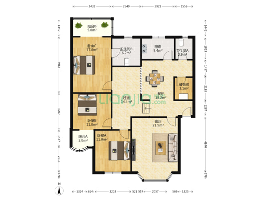 江东民居四区 3室2厅2卫 141平方