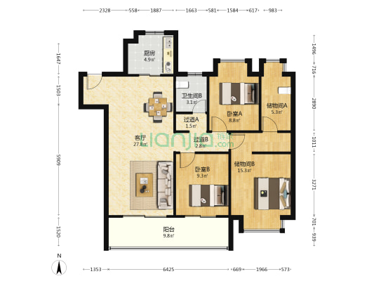 华侨城运河湾A区 2室1厅1卫 119平方