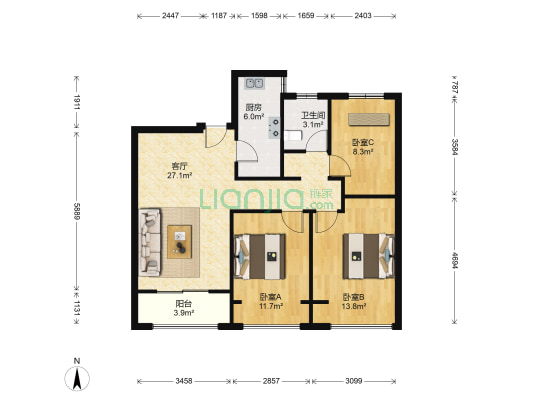 奥克斯时代未来之城 3室1厅1卫 94平方
