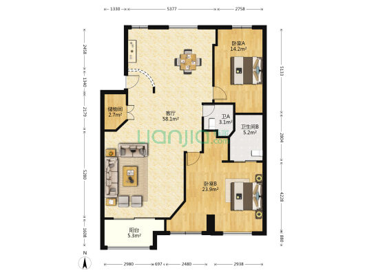 阳光北路 2室1厅2卫 133平方