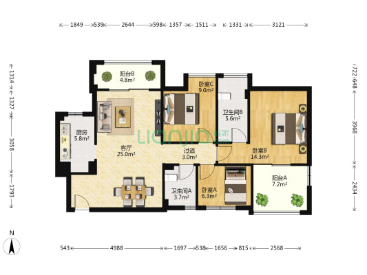 顶琇国际公馆 3室1厅2卫 108平方