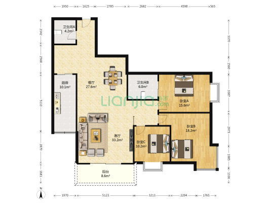 黄果树广场 3室2厅2卫 165平方