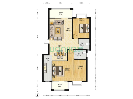 龙庭首府 2室1厅2卫 122平方