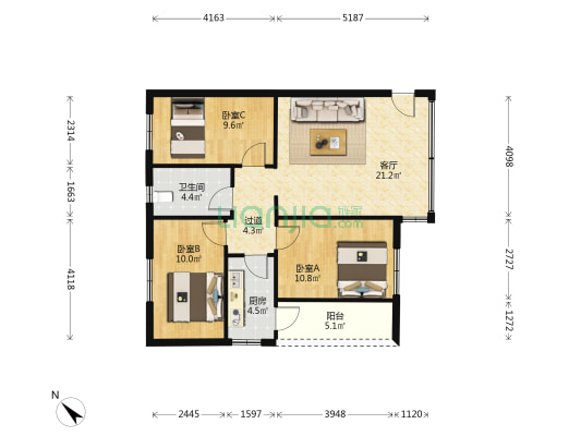 洲面新苑 3室1厅1卫 77平方