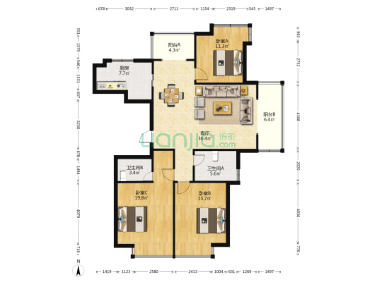若耶明珠 3室1厅2卫 140平方
