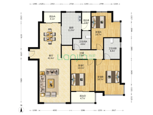 城市公寓 3室1厅2卫 161平方