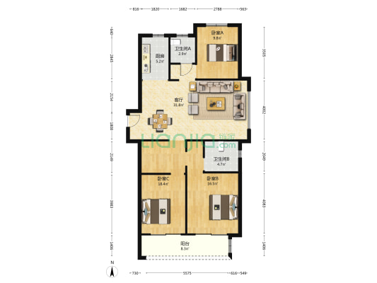 山前华庭 3室1厅2卫 125平方