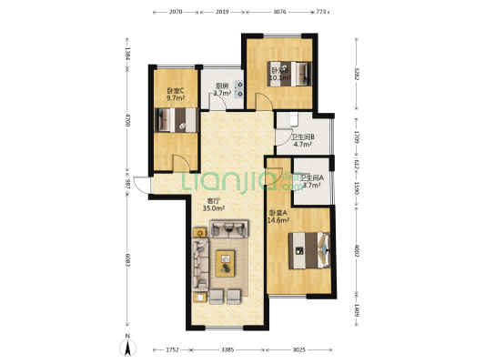 蔚蓝香廷 3室1厅2卫 114平方