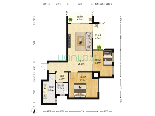 瀚宇国际 2室1厅1卫 89平方