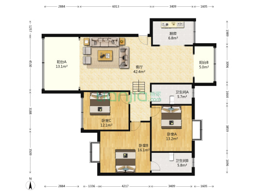 红顶世家 3室1厅2卫 128平方