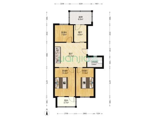公交宿舍 3室2厅1卫 80平方