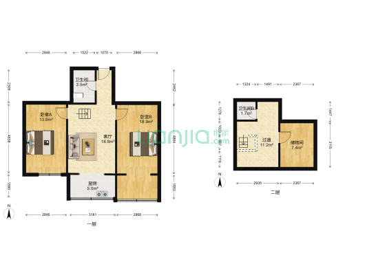 绿香花园 2室1厅2卫 60平方