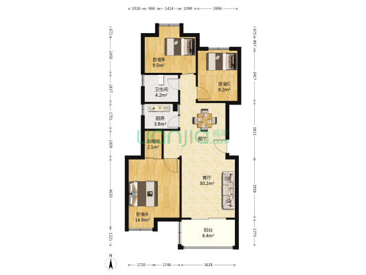 瑞林国际广场 3室1厅1卫 107平方