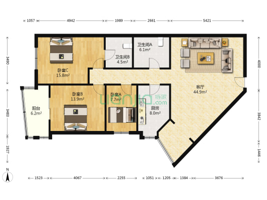 三冠大厦 3室1厅2卫 136平方