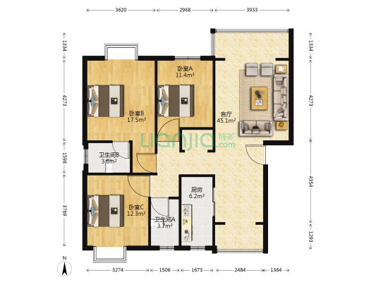 光明街108号 3室1厅2卫 120平方