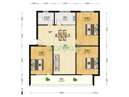 北川门新村 3室1厅1卫 123平方