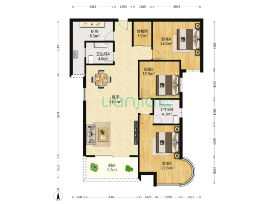 恒茂瑞都新苑 3室1厅2卫 135平方