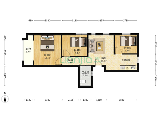 金科世界城A区 3室1厅1卫 103平方