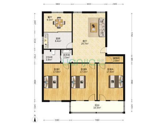 幸福新村 3室2厅2卫 131平方