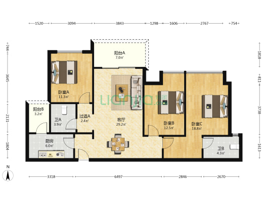绿地新里城二期 3室1厅2卫 114平方