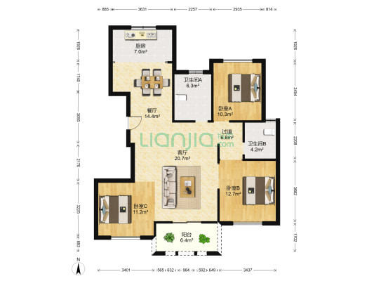 万达一品 3室2厅2卫 132平方