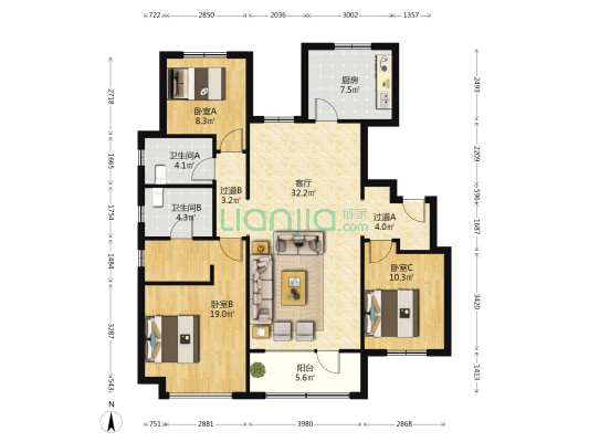 中海红著东区 3室1厅2卫 125平方