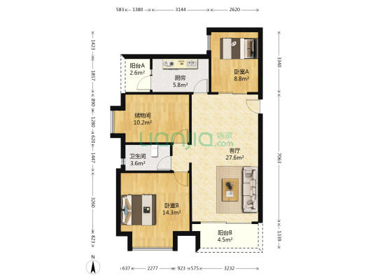 海璟奥园 2室1厅1卫 92平方