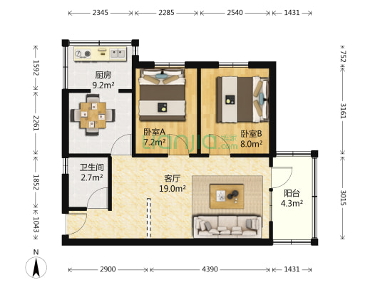 西地所 2室1厅1卫 51平方