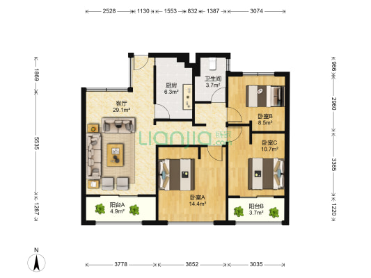 宋都东郡国际朗湾 3室1厅1卫 85平方