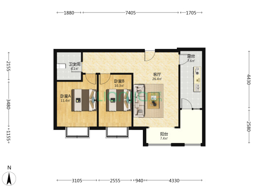 三阳户型 前一排无遮挡 好楼层采光足 房本满二-户型图