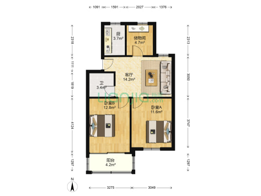 粮食局宿舍(南湖区) 2室1厅1卫 66平方