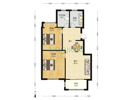 月亮湾景苑 2室1厅1卫 93平方