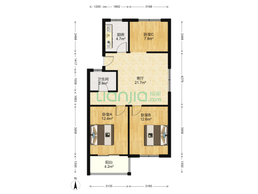 同和民康百合园 3室1厅1卫 83平方