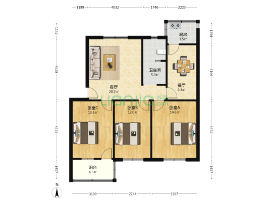 化纤厂家属院 3室2厅1卫 97平方