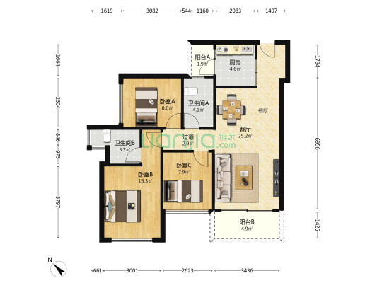 云科府 3室1厅2卫 95平方