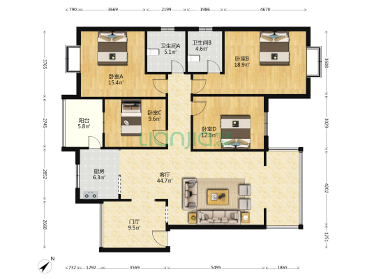 信达御景A区 4室1厅2卫 144平方