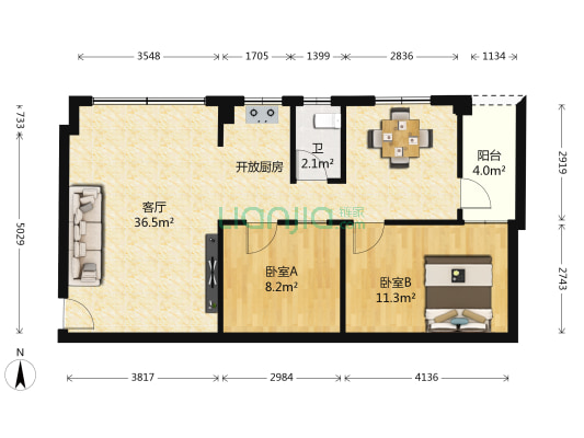 愉景花园 2室1厅1卫 72平方
