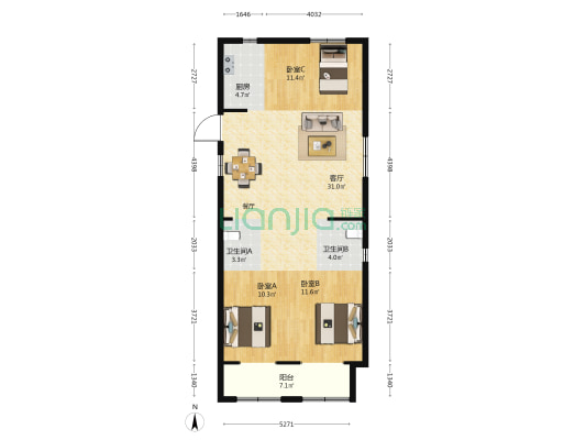 云岚居B区 3室1厅2卫 105平方